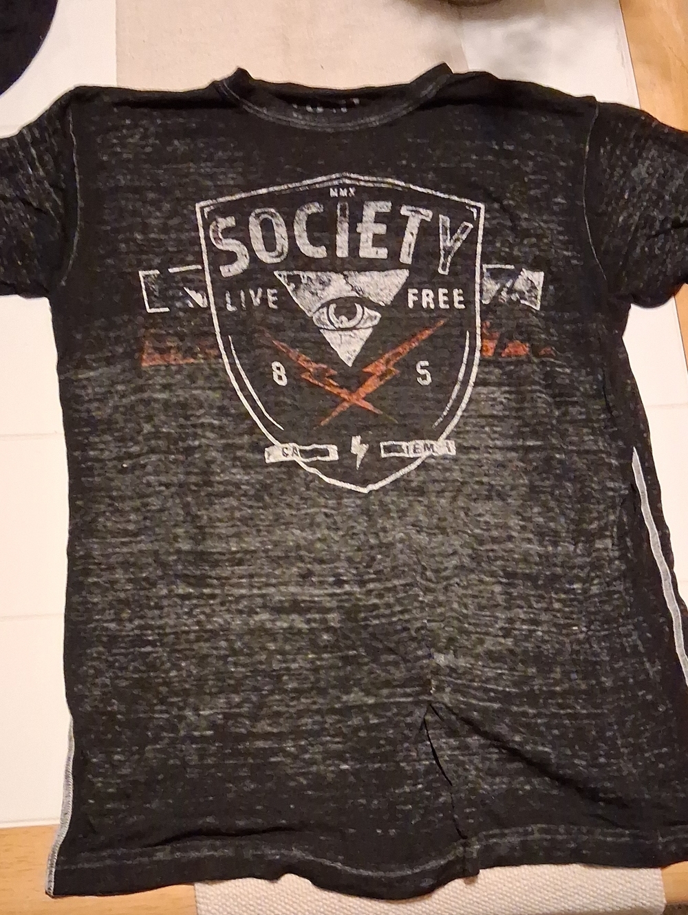Mens Society Black Distressed Graphic Tee with Red Accents Size L